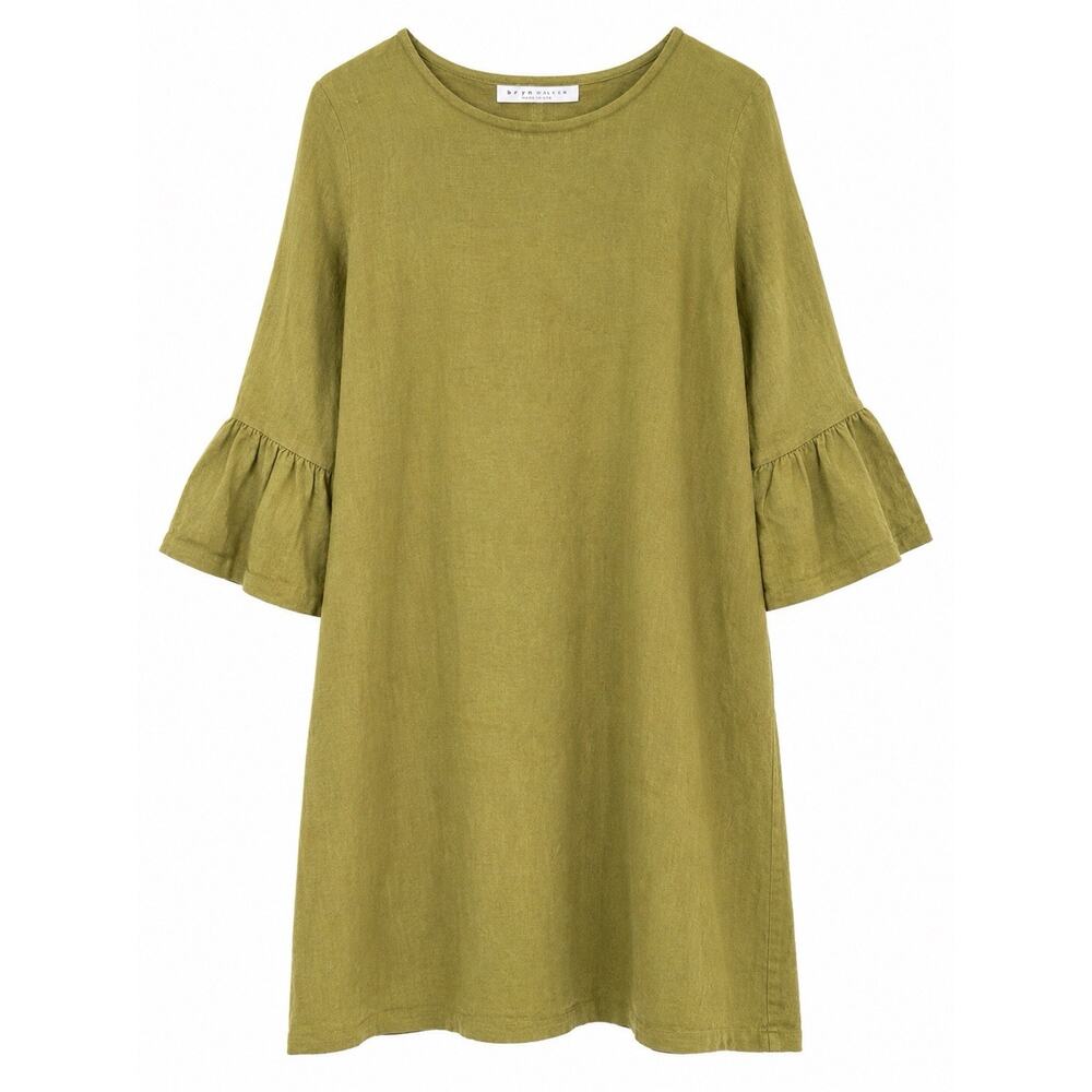 Bryn Walker 100% Linen Dress Avocado Green Ruffle Bell Sleeve USA Made M/L EUC
